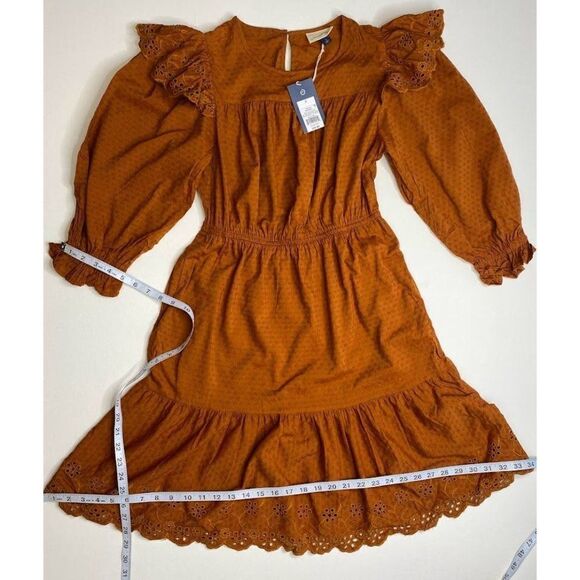 Universal Thread Long Sleeve Dress XS Brown Women's Eyelet-Detail Ruffled NEW - Picture 7 of 13